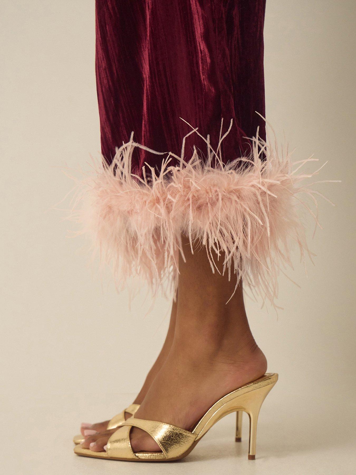 Image 6 of 7 of Monsoon Womens Emma Feather-Trim Wide Leg Velvet Trousers - Red