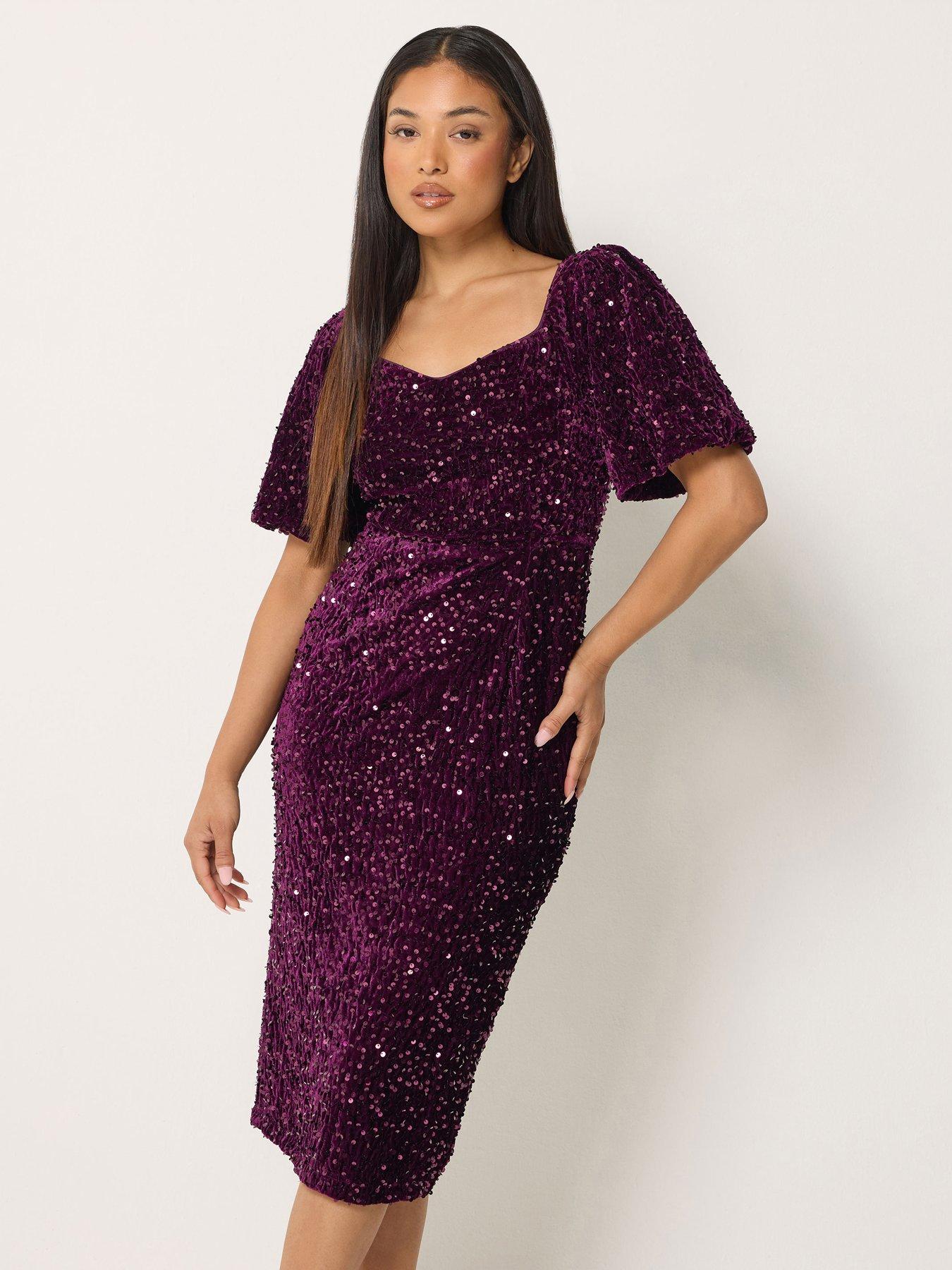 Image 1 of 4 of M&Co Petite Petite Sequin Velvet Square Neck A-line Dress