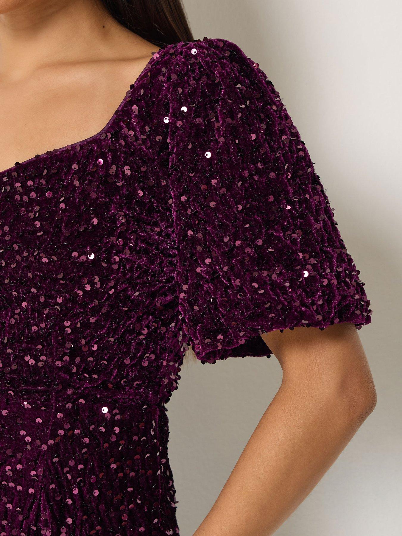 Image 4 of 4 of M&Co Petite Petite Sequin Velvet Square Neck A-line Dress