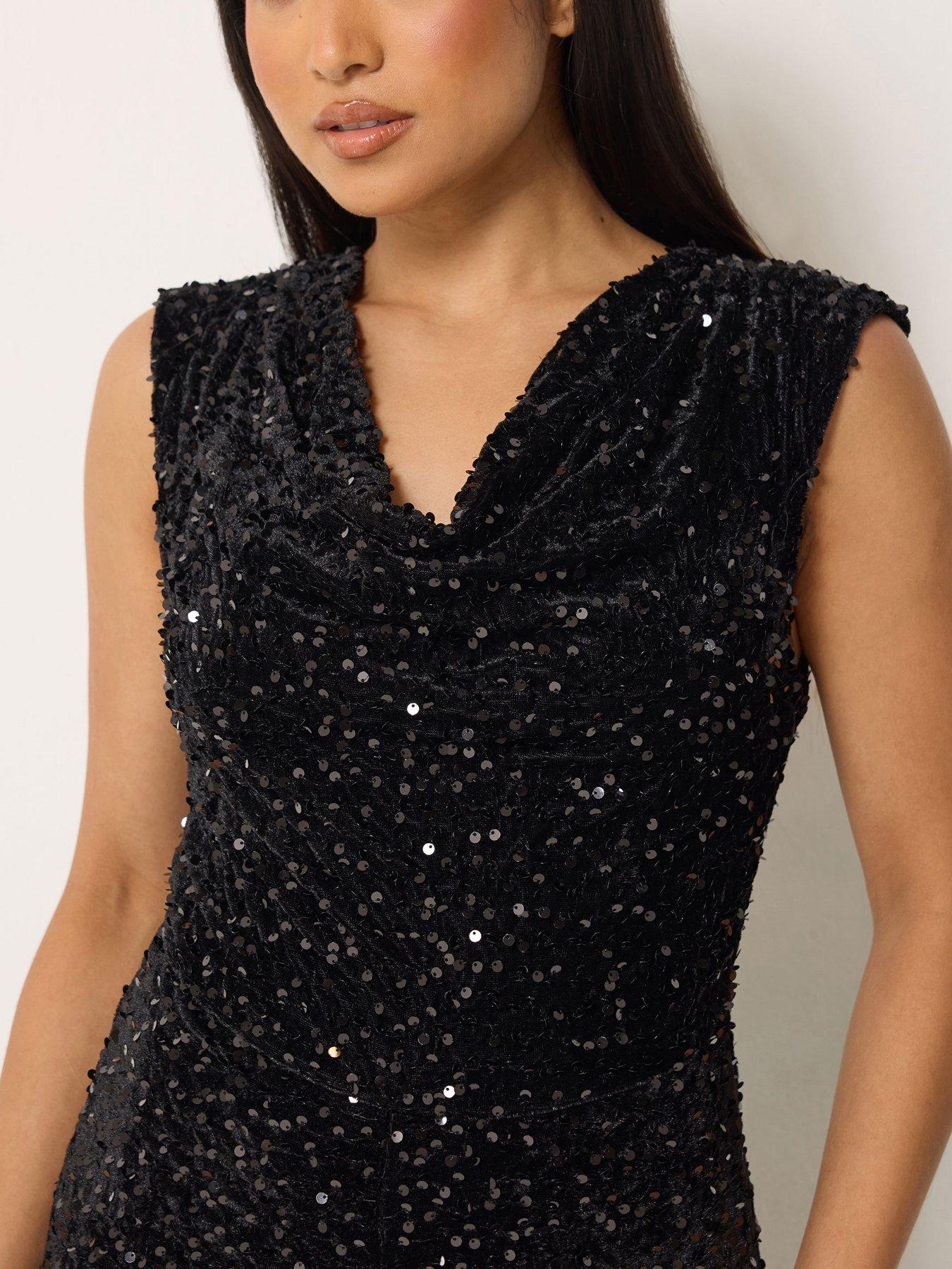 Image 4 of 4 of M&Co Petite Petite Sequin Velvet Cowl Neck Jumpsuit