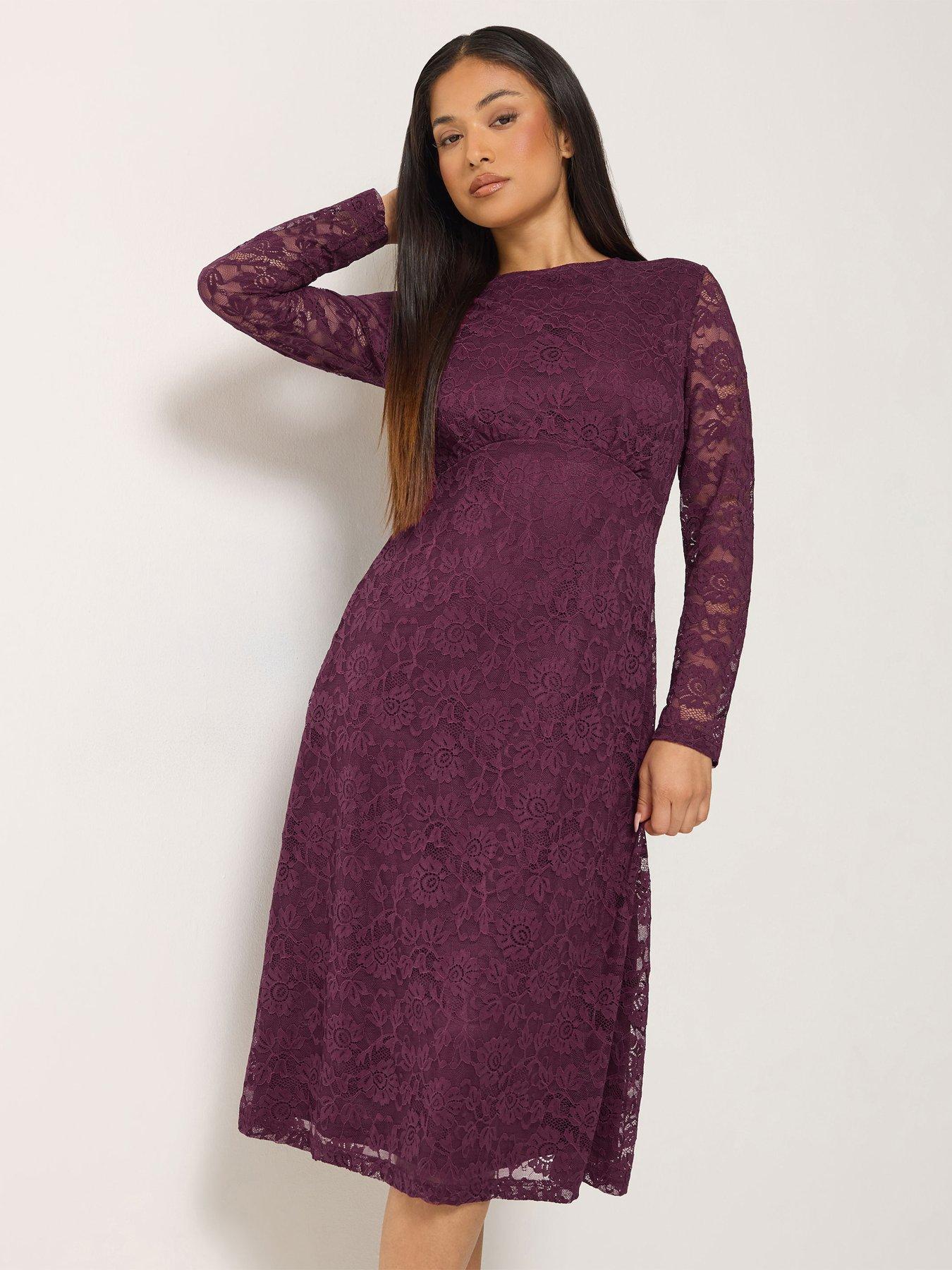 Image 1 of 4 of M&Co Petite Petite Lace Long Sleeve Midi Dress