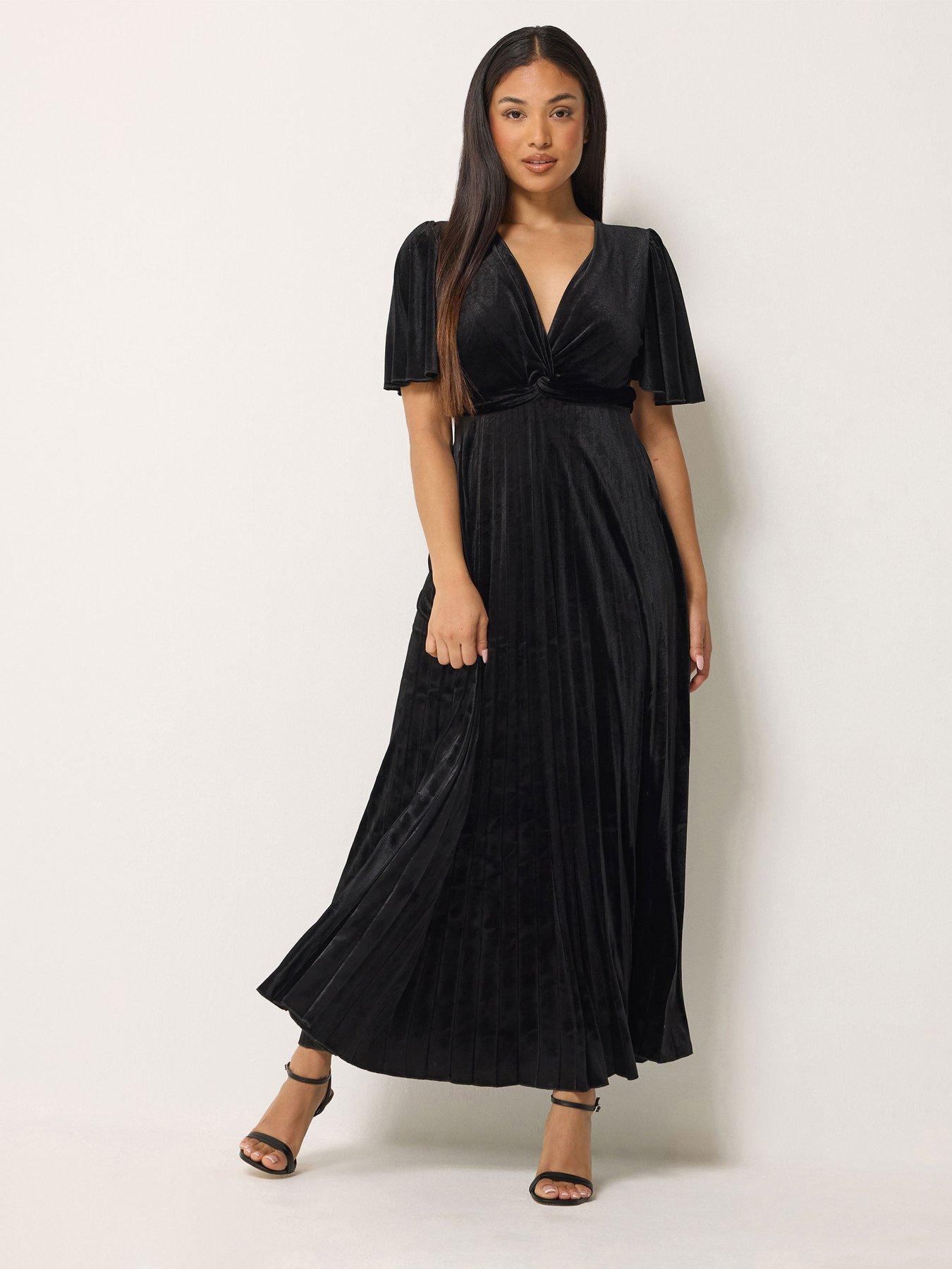 Image 1 of 4 of M&Co Petite Petite Velvet Twist Front Pleated Maxi Dress