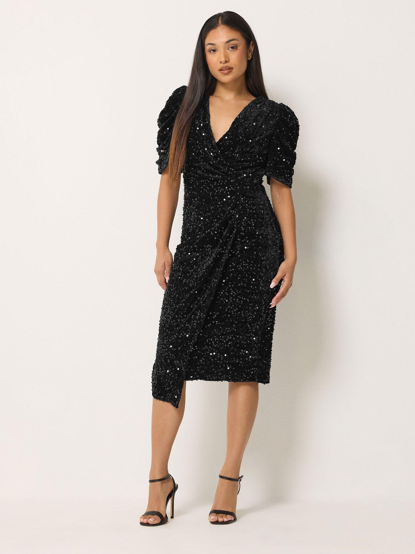 Image 3 of 4 of M&Co Petite Petite Sequin Velvet Short Sleeve Wrap Dress