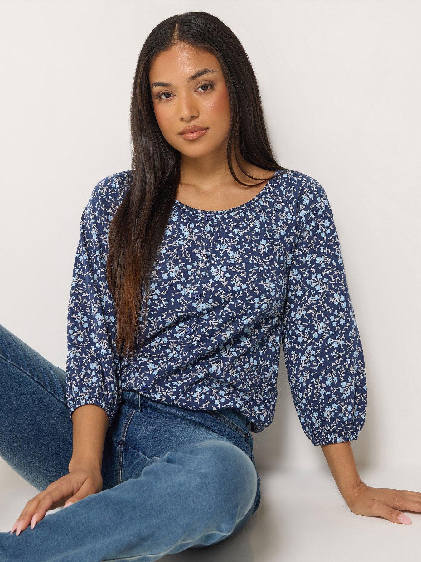 Image 1 of 4 of M&Co Petite Petite Ditsy Floral Print Button Through Cotton Blouse