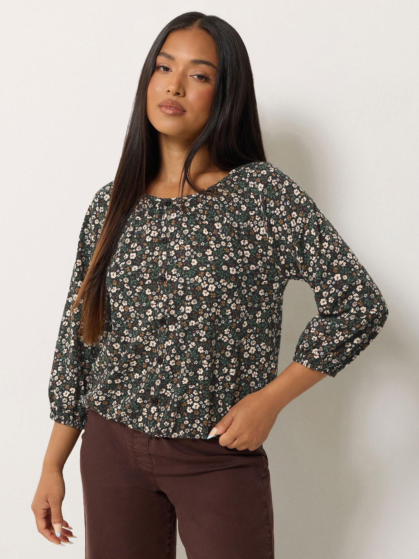 Image 1 of 4 of M&Co Petite Petite Ditsy Floral Button Through Cotton Blouse