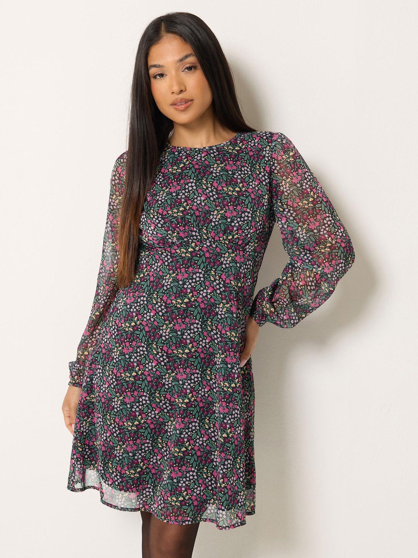 Image 1 of 4 of M&Co Petite Petite Ditsy Floral Chiffon Midi Dress