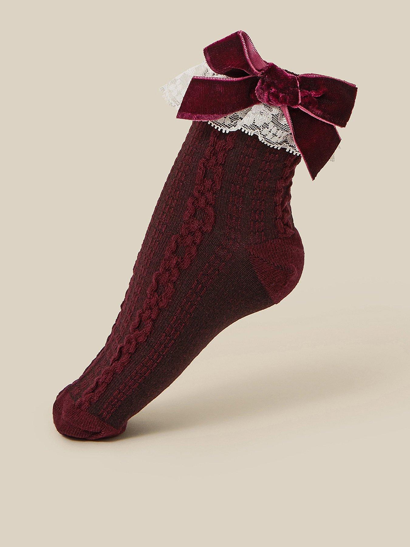 Image 1 of 2 of Monsoon Girls Lace Frill Velvet Bow Socks - Burgundy