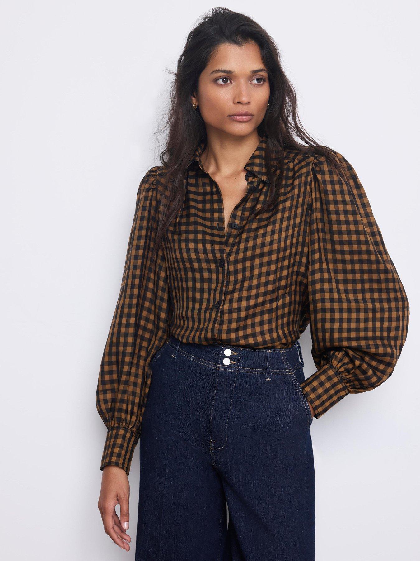 Image 2 of 6 of Mint Velvet Womens Check Puff Sleeve Shirt - Orange