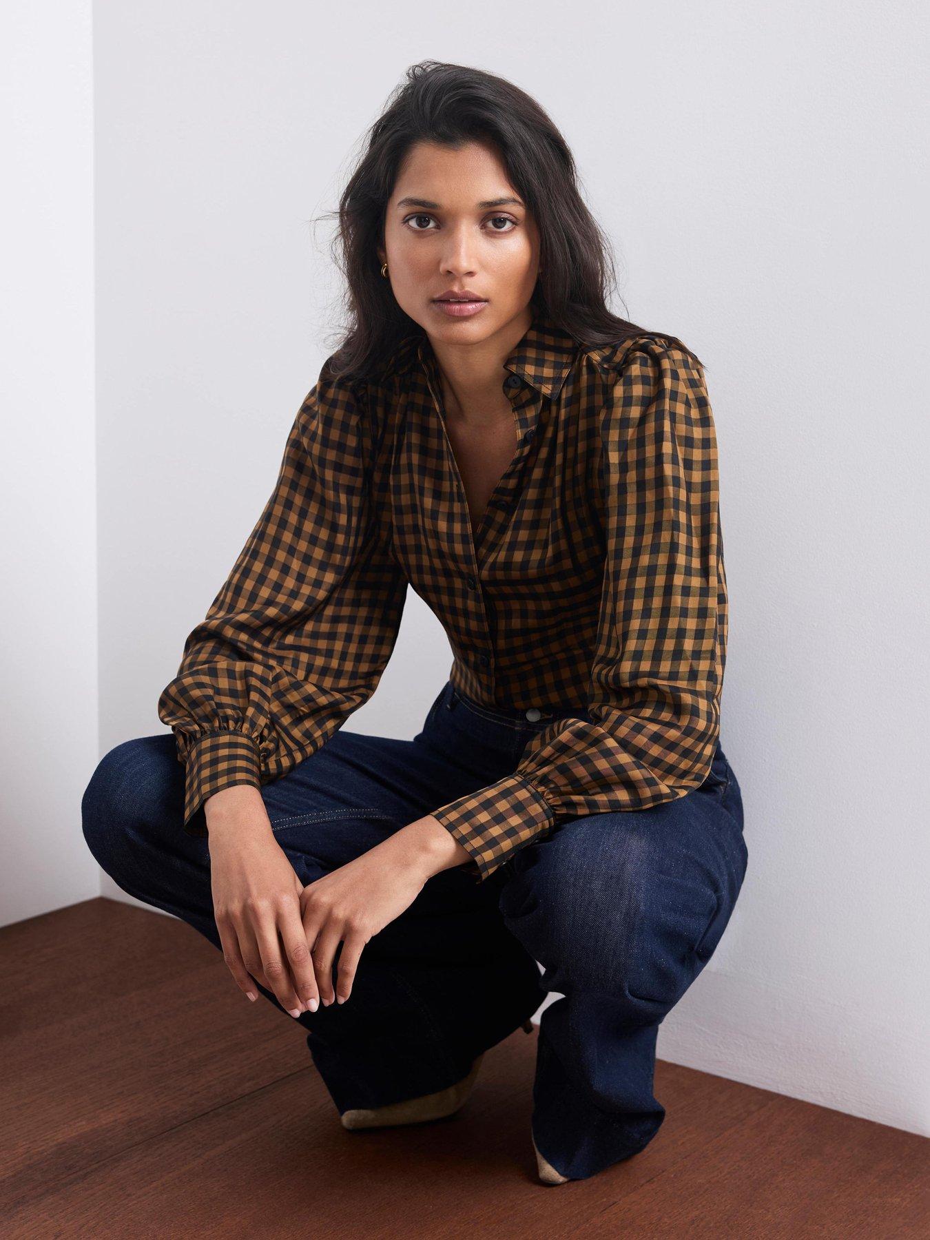 Image 3 of 6 of Mint Velvet Womens Check Puff Sleeve Shirt - Orange