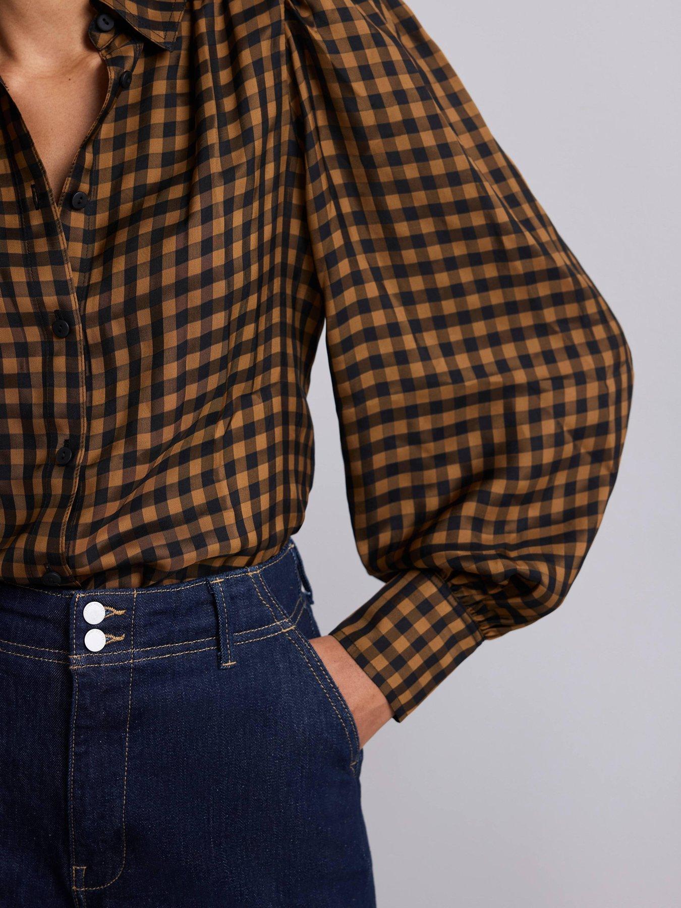 Image 4 of 6 of Mint Velvet Womens Check Puff Sleeve Shirt - Orange