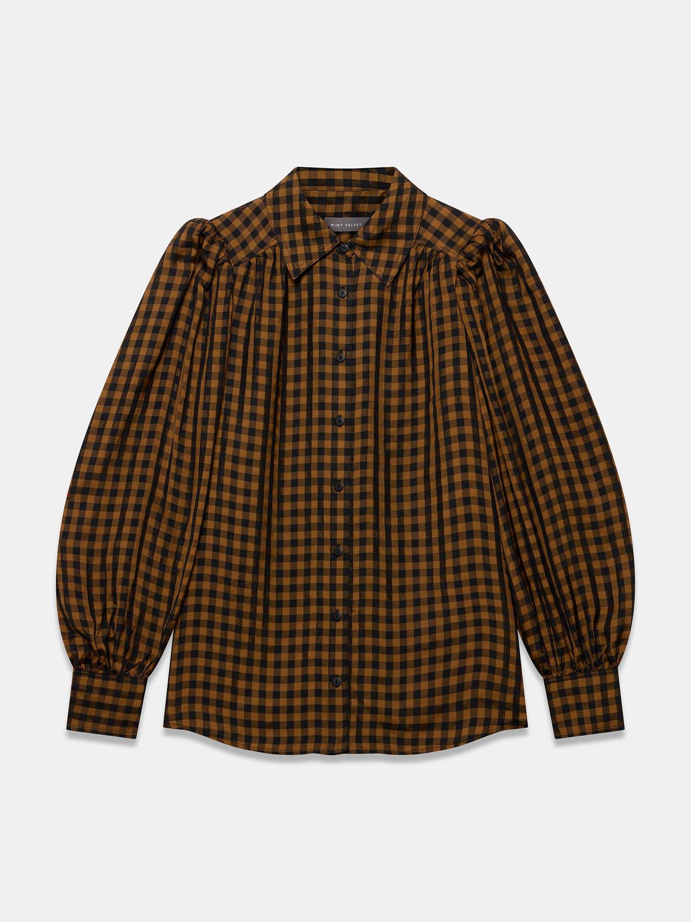 Image 5 of 6 of Mint Velvet Womens Check Puff Sleeve Shirt - Orange