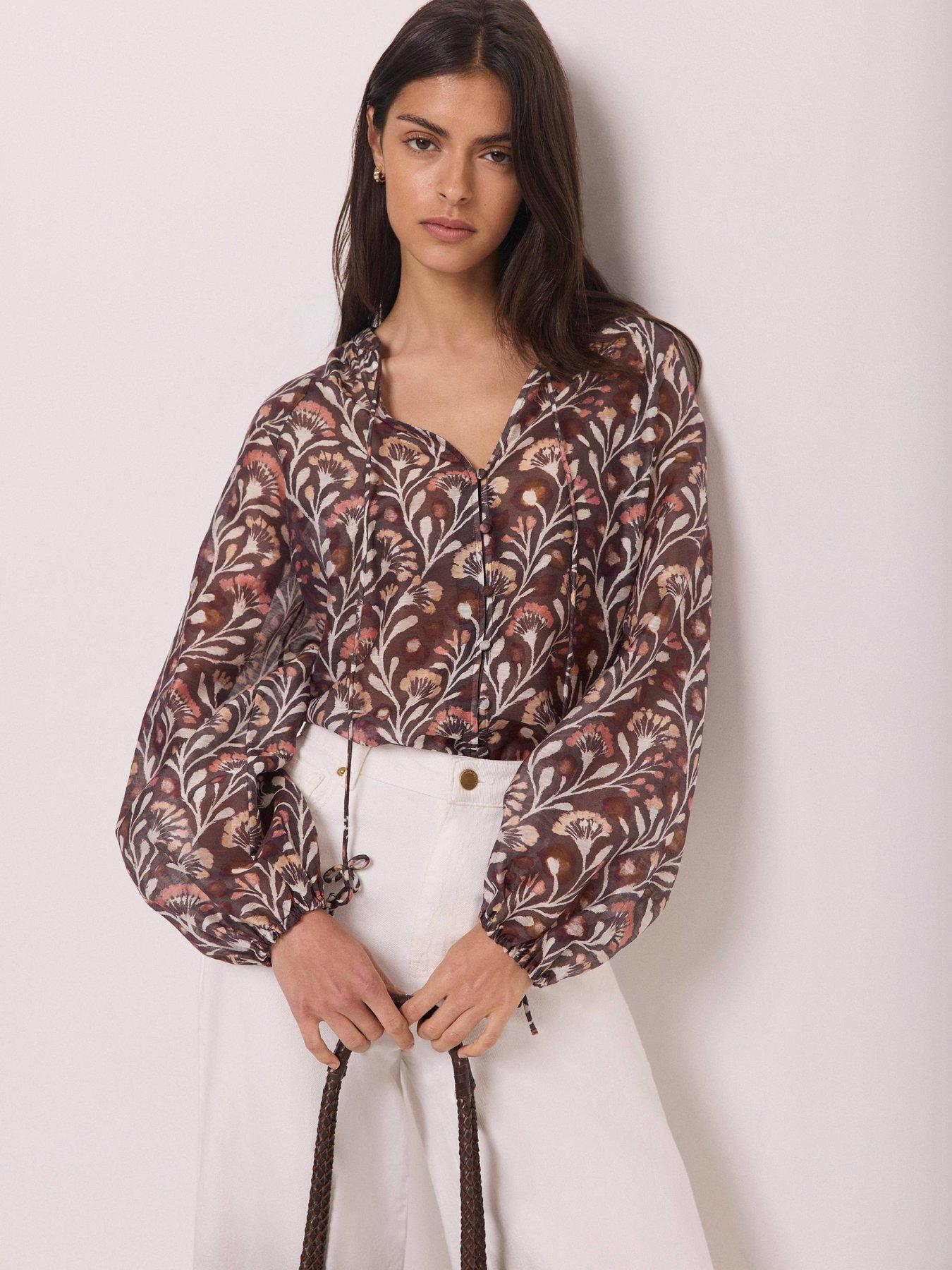 Image 1 of 6 of Mint Velvet Womens Tie Neck Blouson Sleeve Floral Print Blouse - Brown