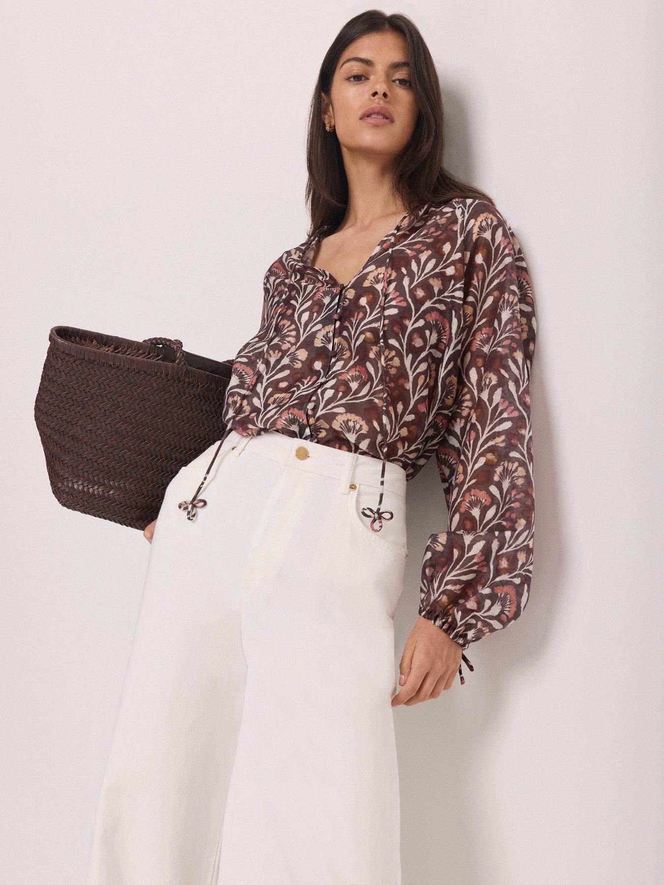 Image 2 of 6 of Mint Velvet Womens Tie Neck Blouson Sleeve Floral Print Blouse - Brown
