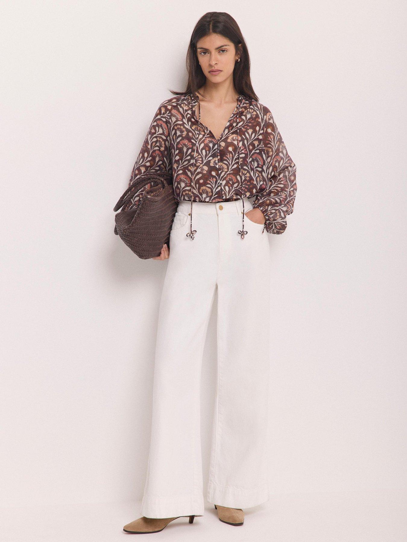 Image 3 of 6 of Mint Velvet Womens Tie Neck Blouson Sleeve Floral Print Blouse - Brown