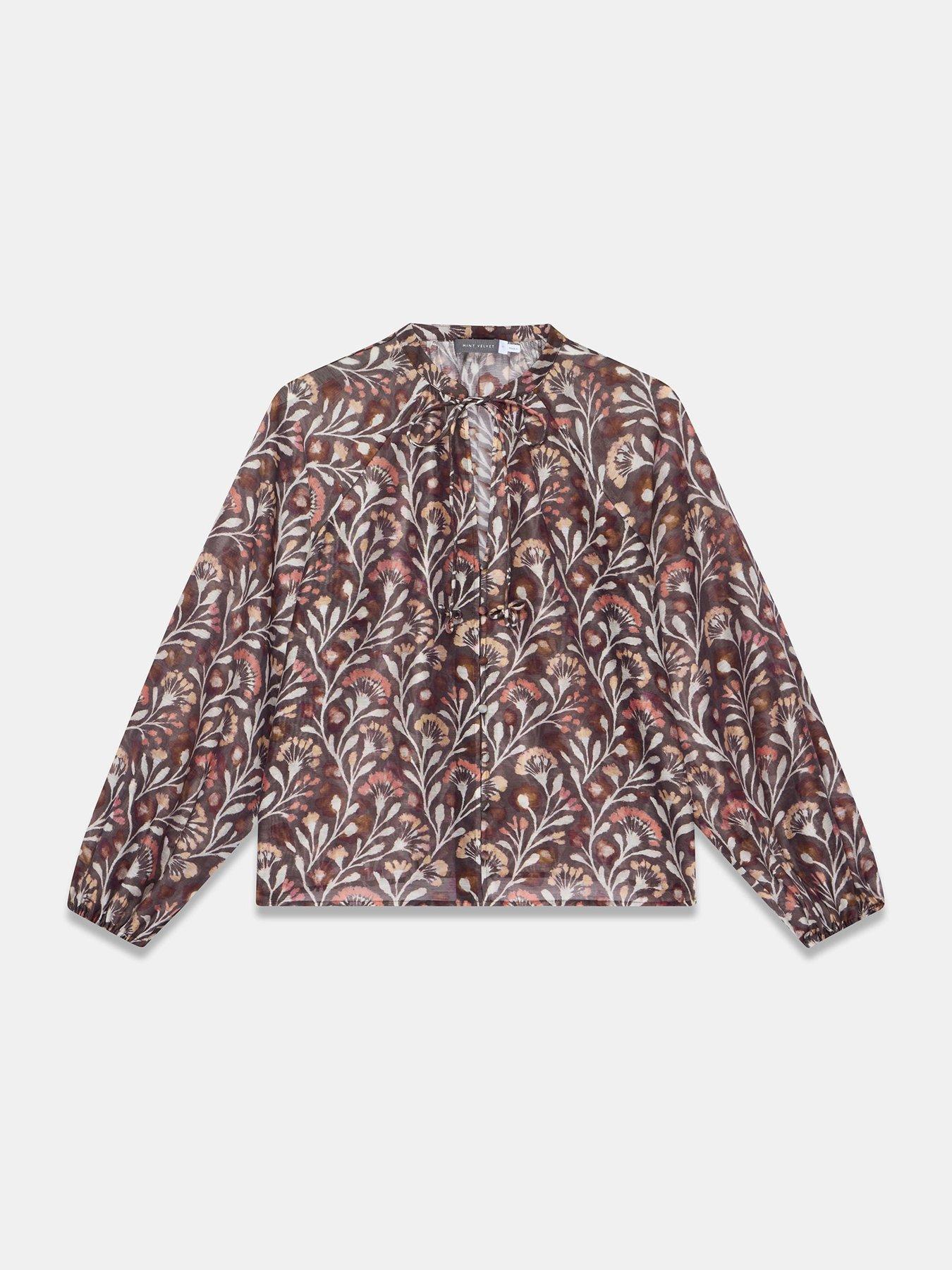 Image 5 of 6 of Mint Velvet Womens Tie Neck Blouson Sleeve Floral Print Blouse - Brown