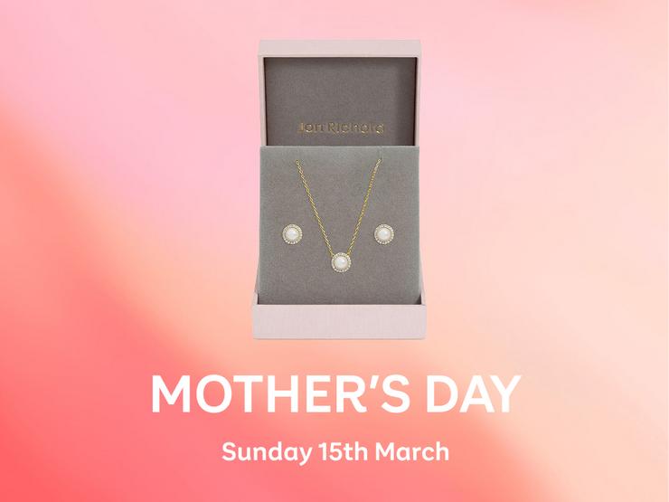 Mother's Day, Sunday 15th March – Banner contains image of a pearl earring and necklace set