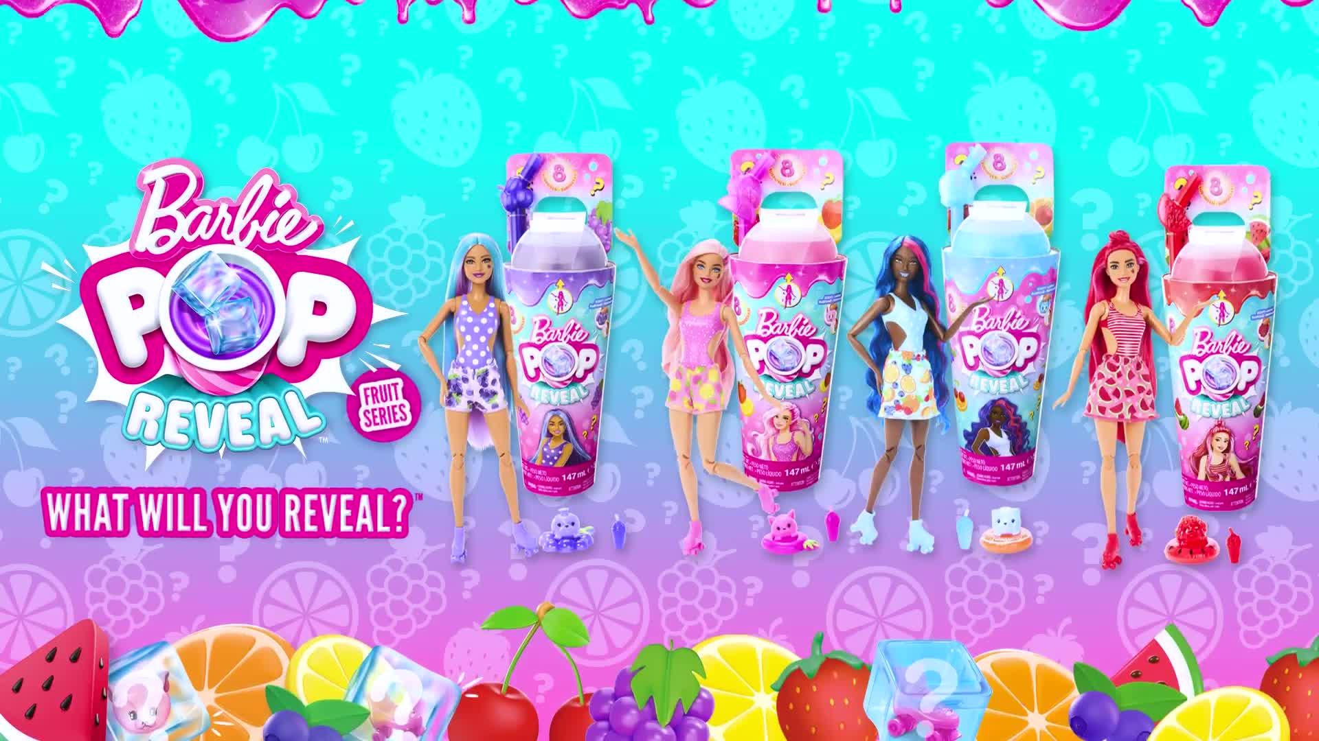 Barbie Pop Reveal Fruit Series Strawberry Lemonade Doll, 8 Surprises  Include Pet, Slime, Scent & Color Change