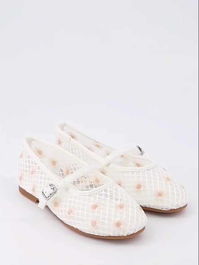 Image thumbnail 7 of 7 of The Very Collection Embroidered Daisy Mesh Flats - White