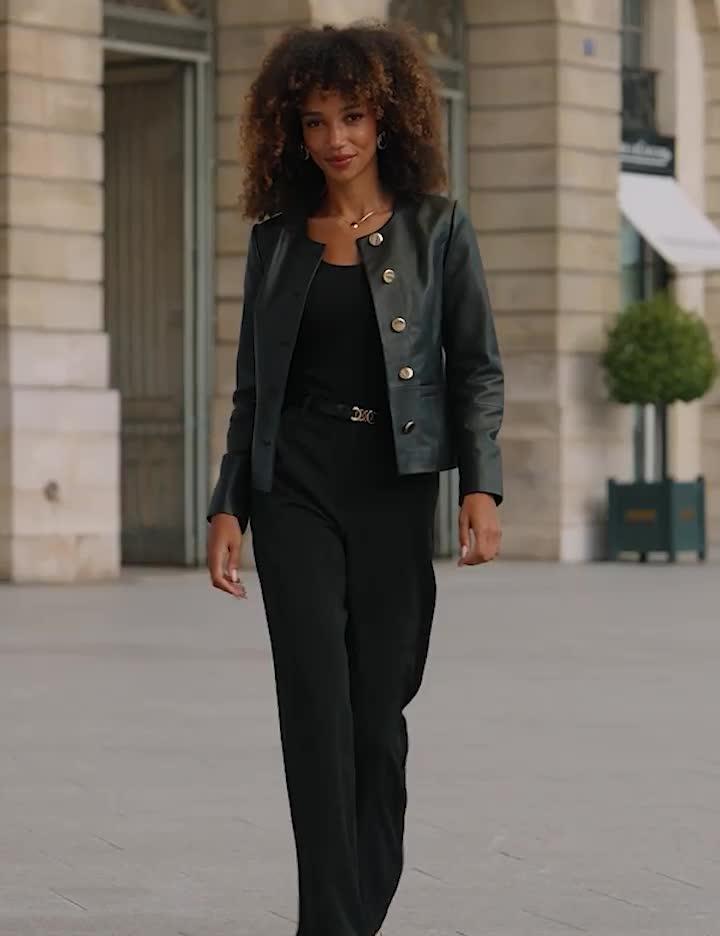 Image thumbnail 6 of 6 of Sosandar Collarless Leather Jacket with Gold Buttons - Black