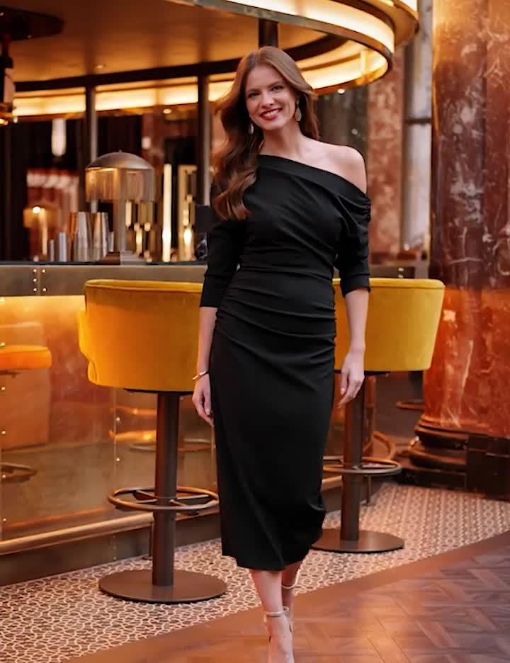 Sosandar Asymmetric Ruched Midi Dress - Black | Very Ireland
