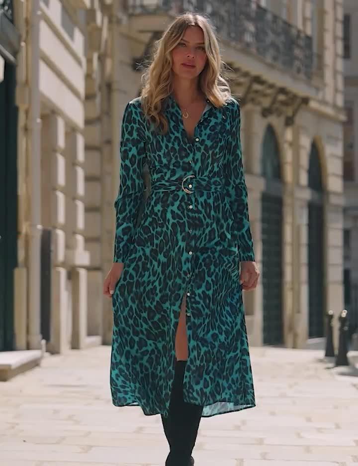 Image thumbnail 6 of 6 of Sosandar Animal Print Belted Shirt Dress - Green