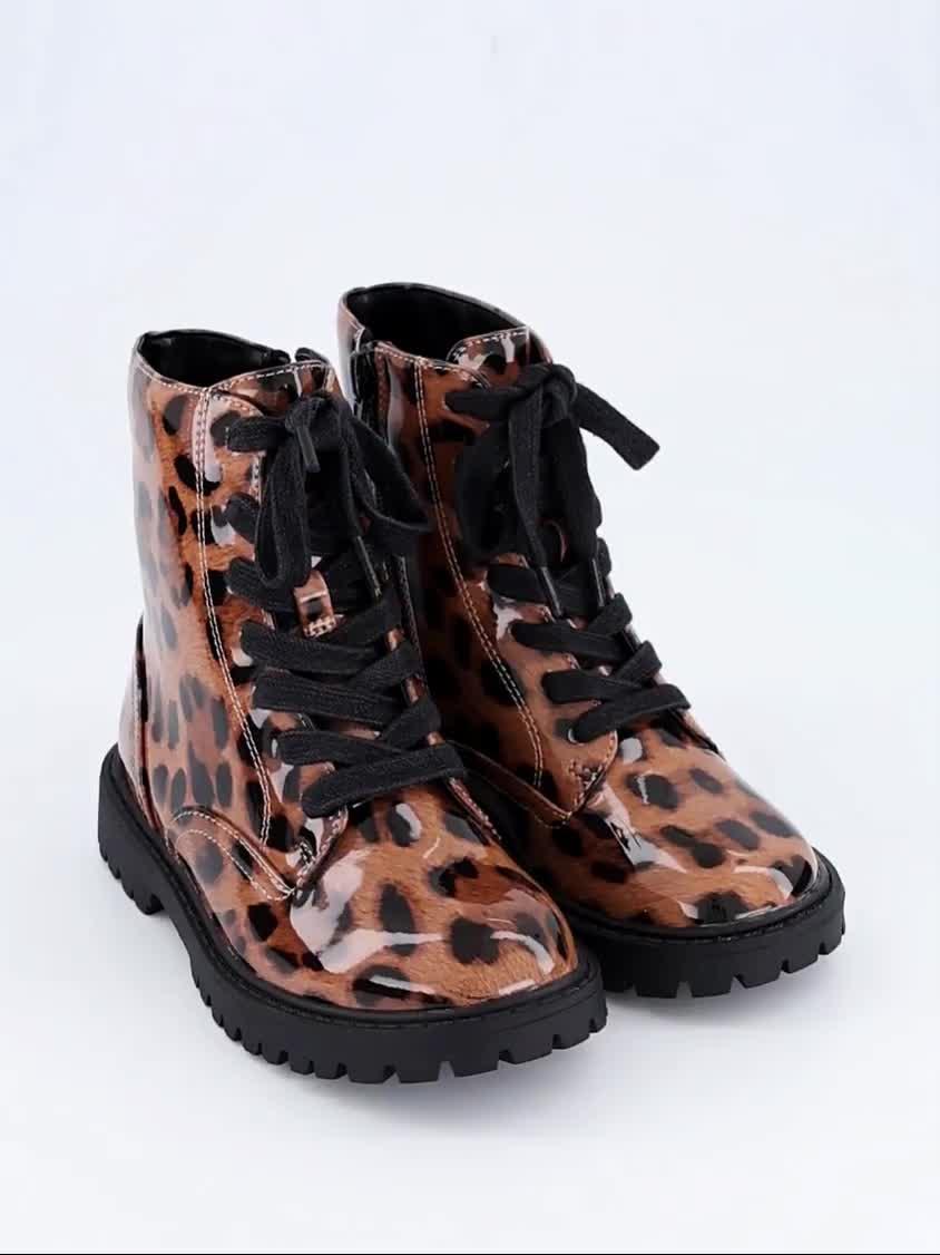 Image thumbnail 7 of 7 of The Very Collection Girls Patent Leopard Lace Up Zip Chunky Boots - Leopard