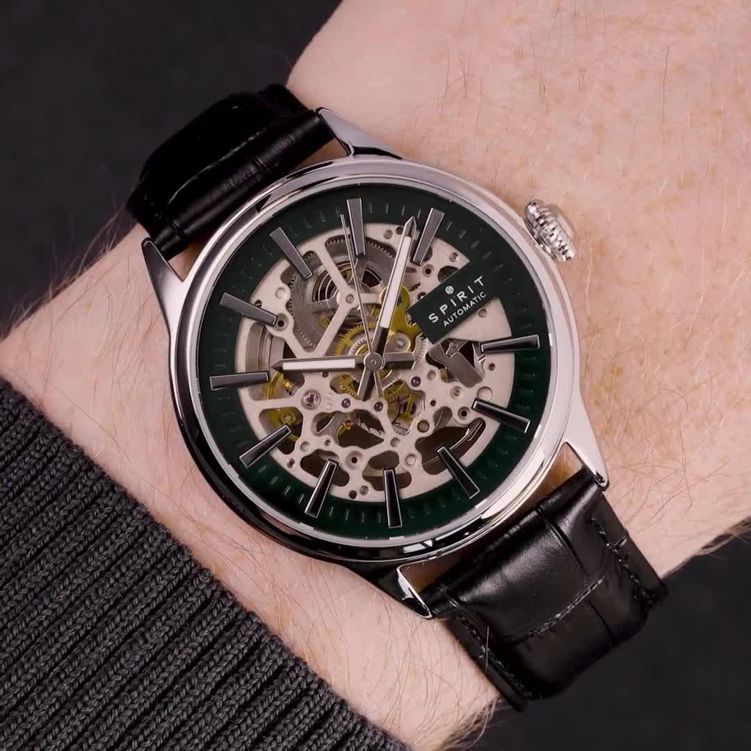 Image thumbnail 7 of 7 of Spirit Gents Skeleton Automatic Silver Plated Black Leather Strap Watch