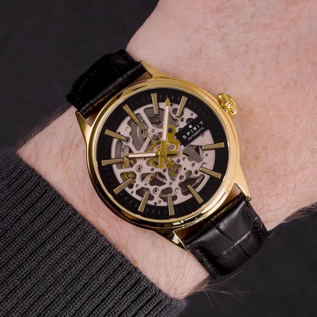 Image thumbnail 7 of 7 of Spirit Gents Skeleton Automatic Gold Plated Black Leather Strap Watch